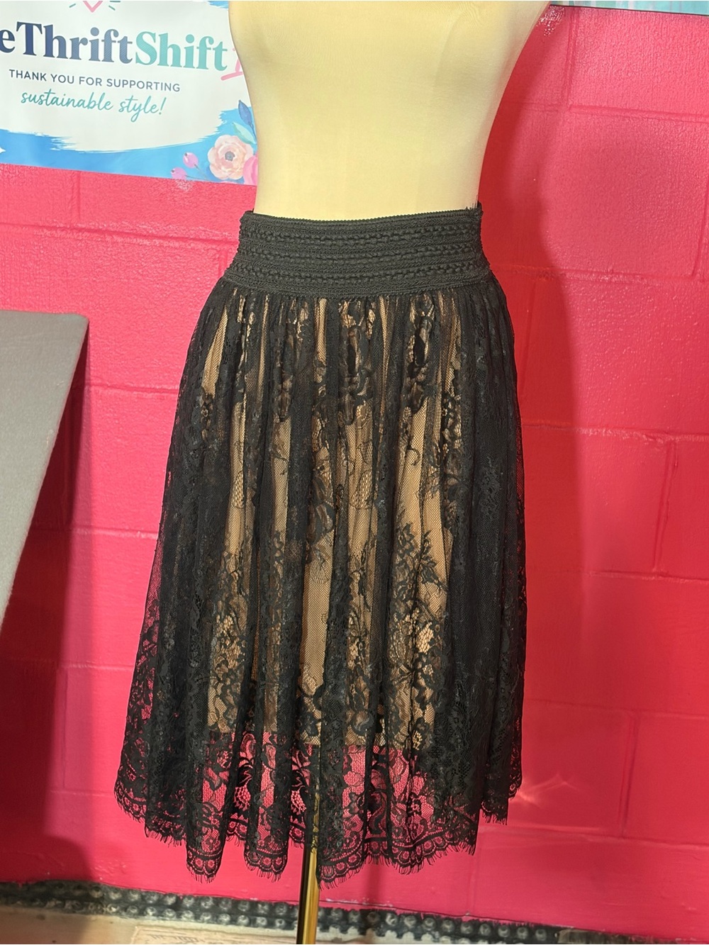 Rue21 Black Lace Midi Skirt Nude Lining A-Line Romantic Size M